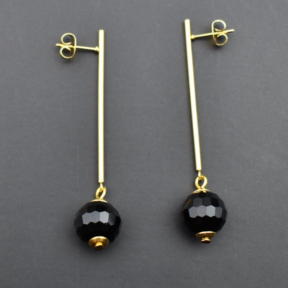 Long black bead dangle earrings, gold minimalist unmatched earrings